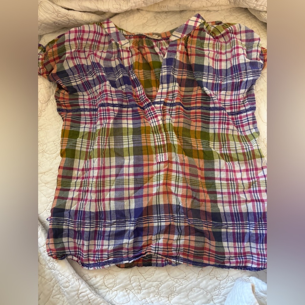 *Copy* Anthropologie Pilcro Plaid Multicolor Women's Short Sleeve Deep V Top - Picture 2 of 4